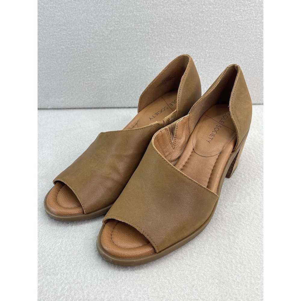 Sole Society Shoes Ralimia Leather Stacked Heel Open Toe Brown Sandals Size 7.5M
